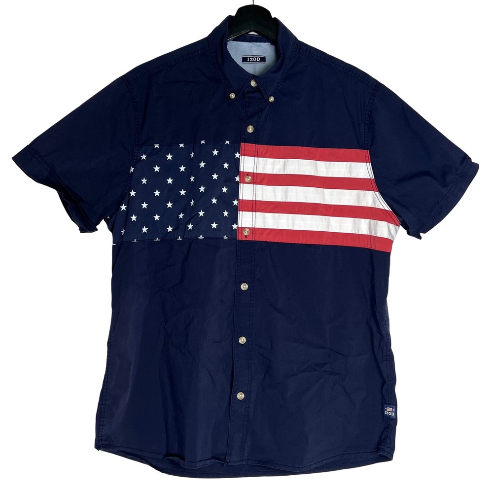 IZOD Mens Short Sleeve American Flag Button Down Shirt Navy Blue Stretch Size M
